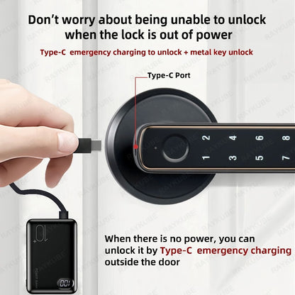 Tuya Fingerprint Door Lock with Lock Smart Fingerprint Door Handle with App Control and Key Biometric Door Lock, Fingerprint Door Lock for Bedroom, Front Door, Home, Apartment, Office and Garage Black