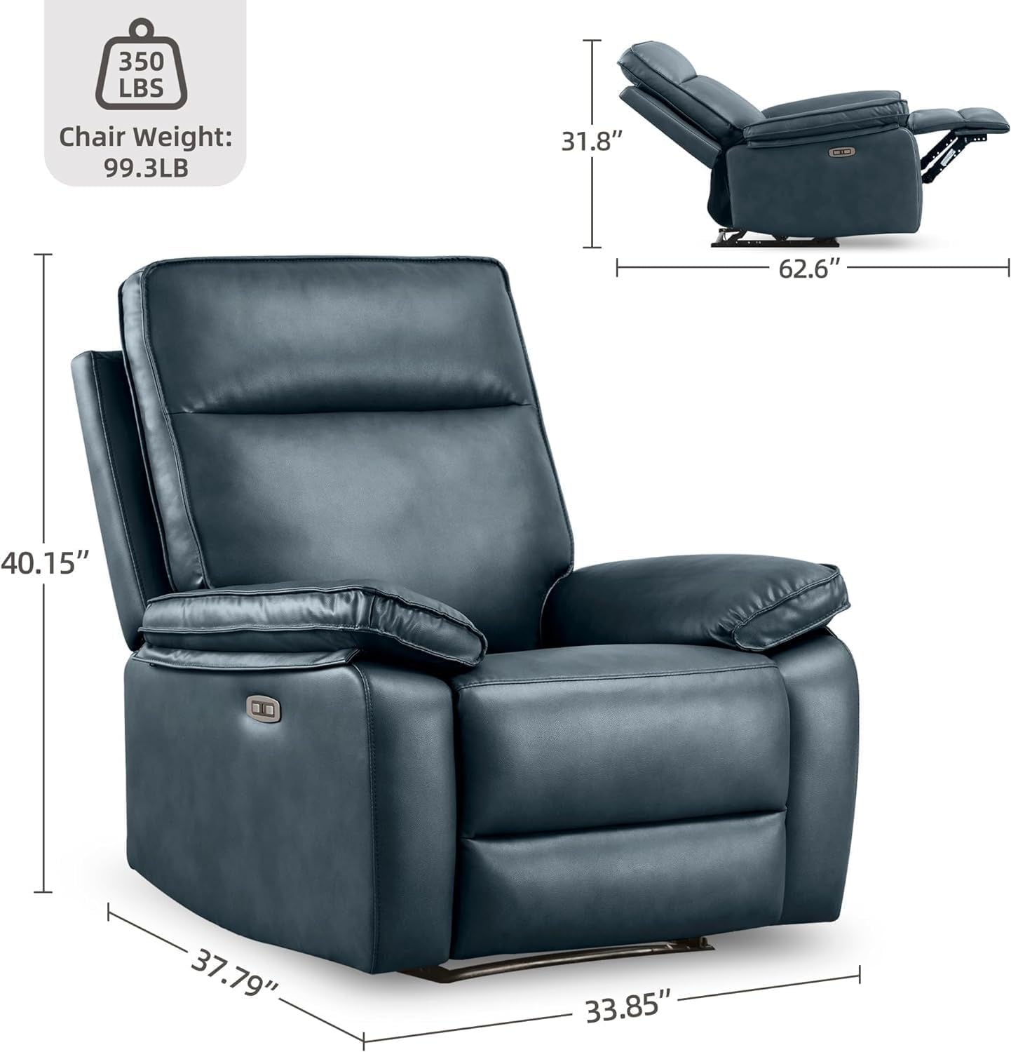Electric Power Recliner Chair with USB Port, Leather Rocker Recliner Chairs for Adults, High Back Modern Single Sofa Home Theater Seat for Living Room, Dark Blue
