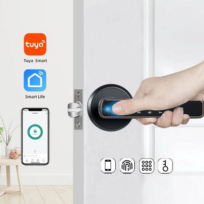 Tuya Fingerprint Door Lock with Lock Smart Fingerprint Door Handle with App Control and Key Biometric Door Lock, Fingerprint Door Lock for Bedroom, Front Door, Home, Apartment, Office and Garage Black