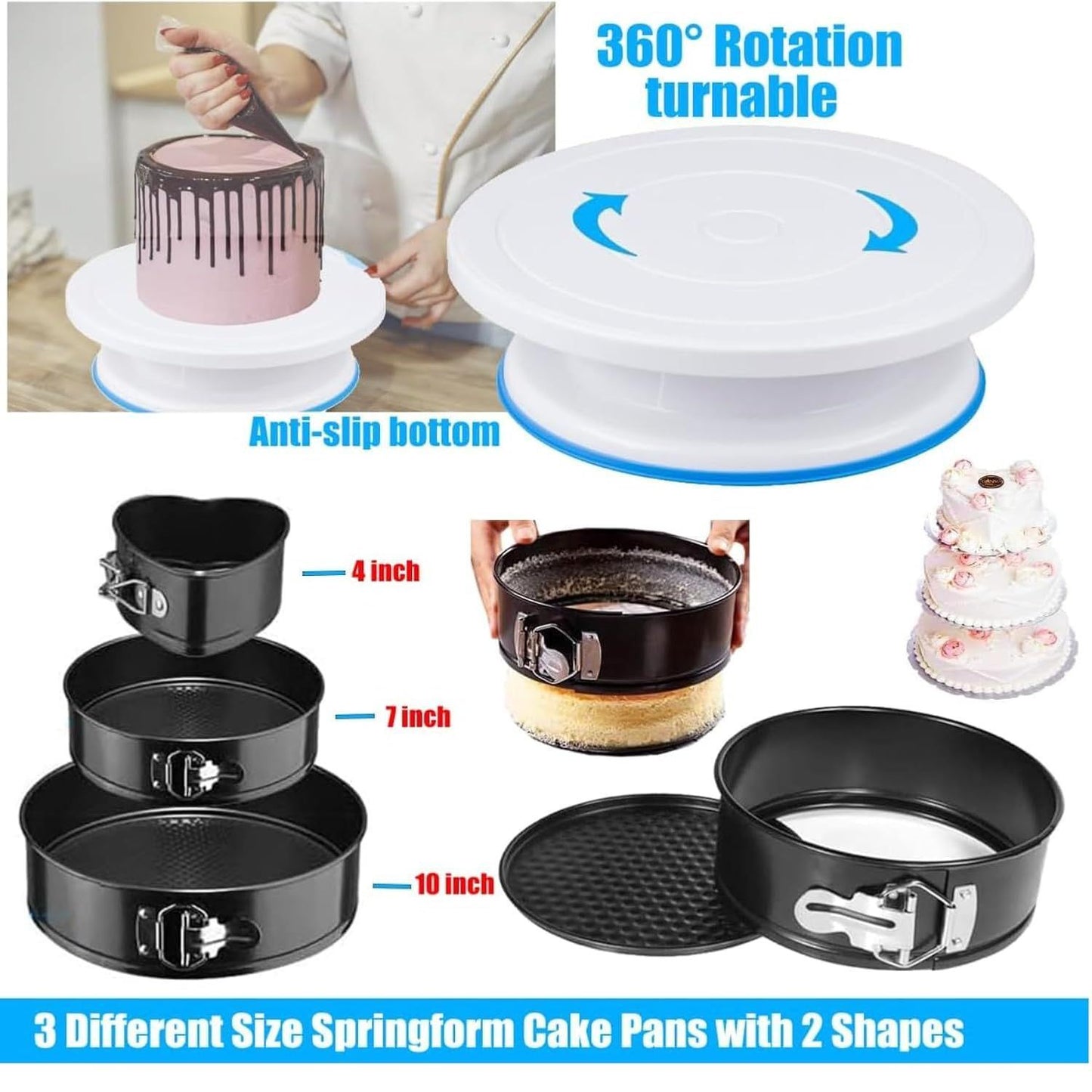 Cake Decorating Supplies,Cake Decorating Kit 3 Packs Springform Cake Pans, Cake Rotating Turntable, 54 Piping Icing Tips, 4 Russian Nozzles, Chocolate Mold Baking, Mother's Day Gift Ideas