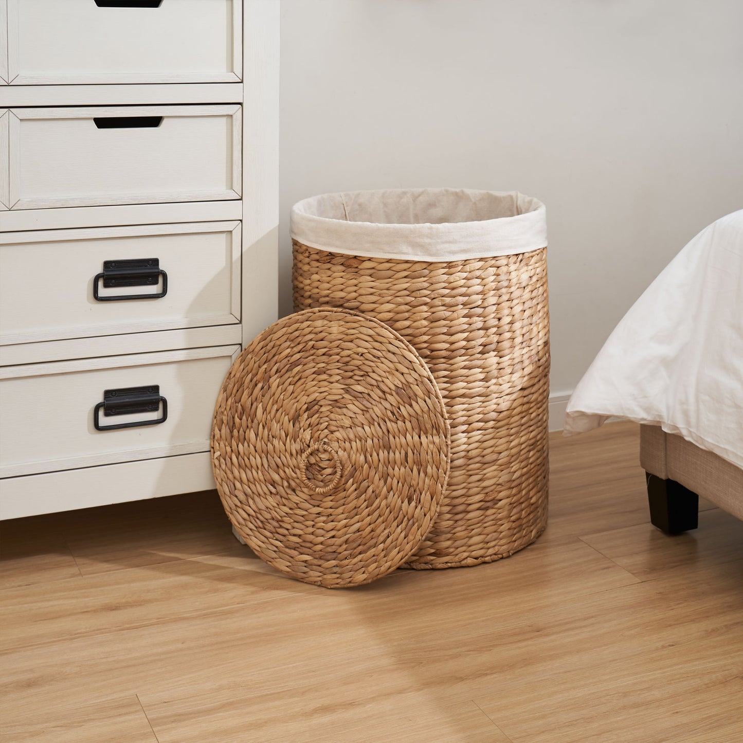 Ludmilla Round Tall Water Hyacinth Woven Wicker Laundry Hamper with Lid - For Clothes, Canvas, Toys and Book Storage with Removable Liner - 15" x 15" x 20" - Natural Brown