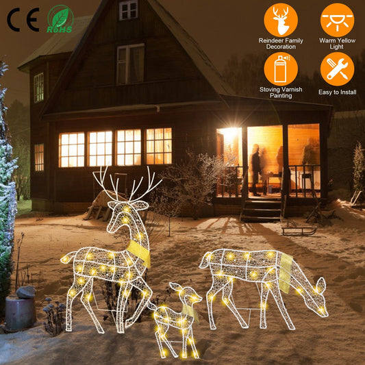 3 Sets of Reindeer Family Lighted 2D Christmas Deer Decoration Warm Yellow Light 3 Lighting Modes Buck Doe Fawn Indoor Outdoor Christmas Decoration