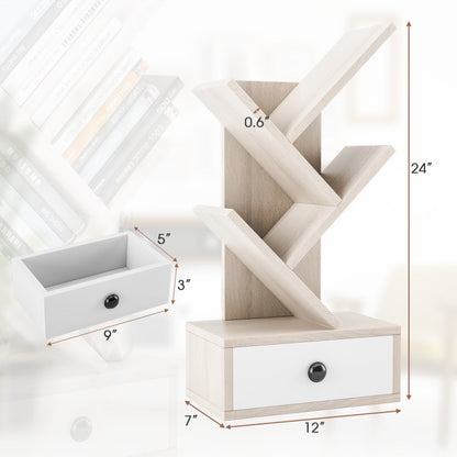 5-Tier Floor Standing Tree Bookcase with Drawer