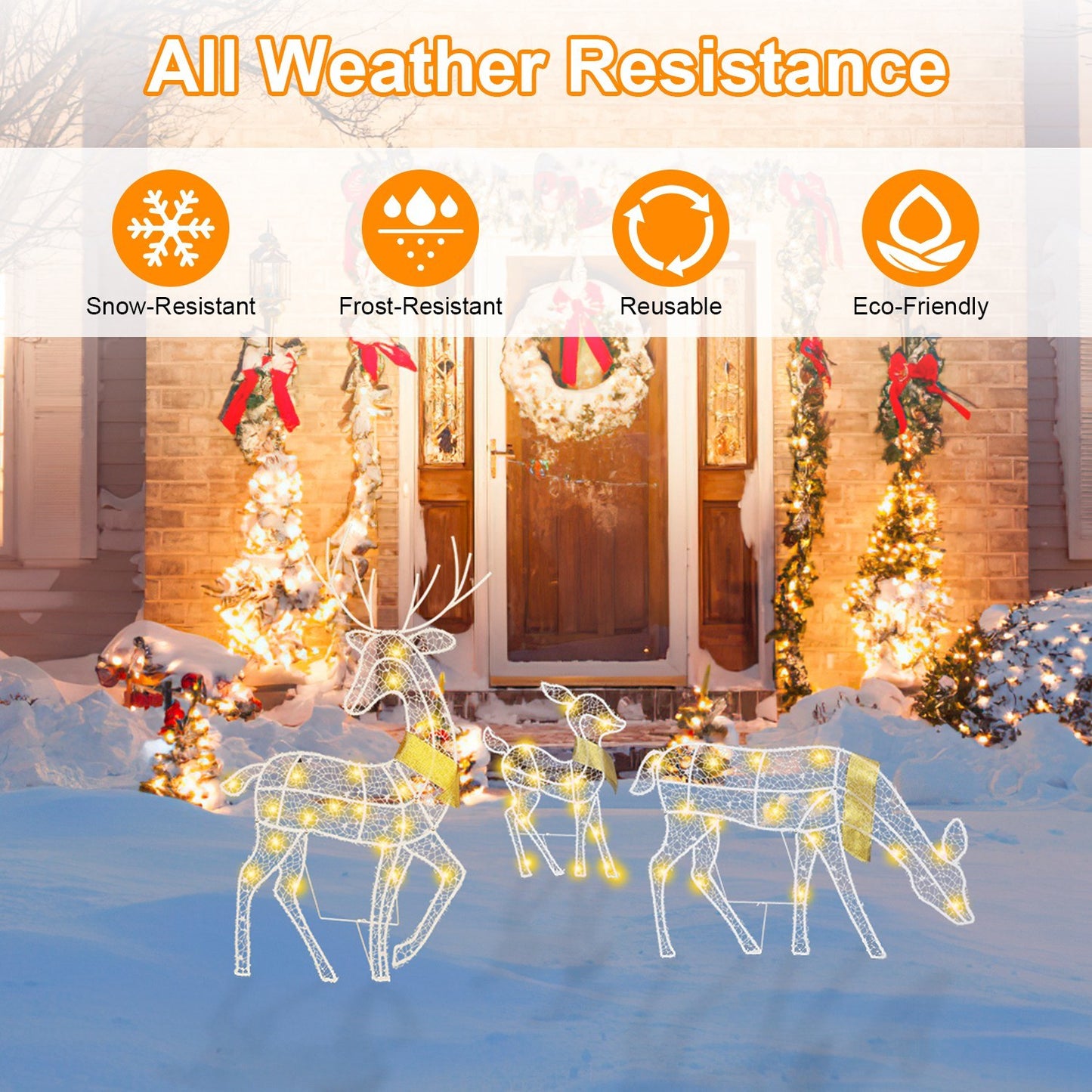 3 Sets of Reindeer Family Lighted 2D Christmas Deer Decoration Warm Yellow Light 3 Lighting Modes Buck Doe Fawn Indoor Outdoor Christmas Decoration