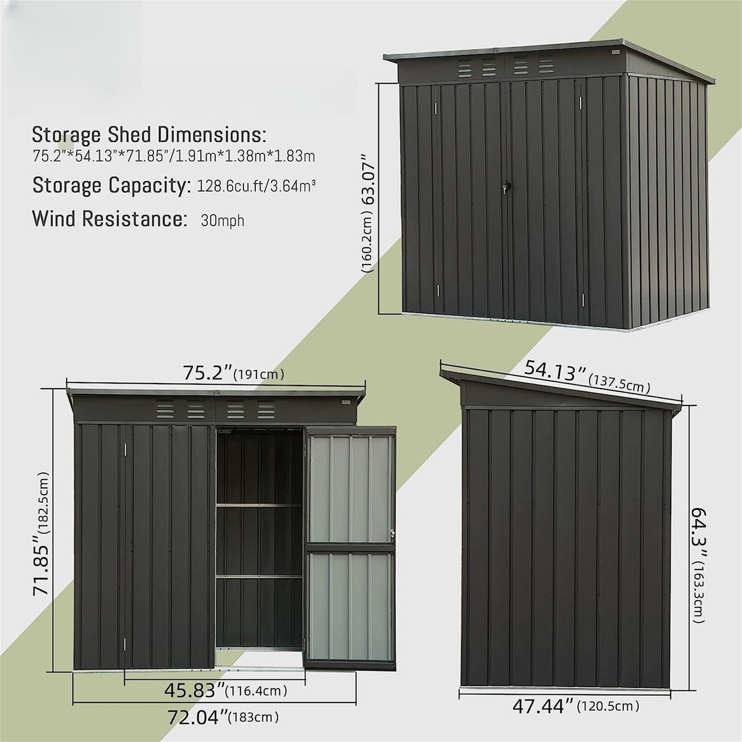 Backyard Storage Shed with Sloping Roof Galvanized Steel Frame Outdoor Garden Shed Metal Utility Tool Storage Room with Latches and Lockable Door (6x4ft, Black)