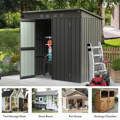 Backyard Storage Shed with Sloping Roof Galvanized Steel Frame Outdoor Garden Shed Metal Utility Tool Storage Room with Latches and Lockable Door (6x4ft, Black)