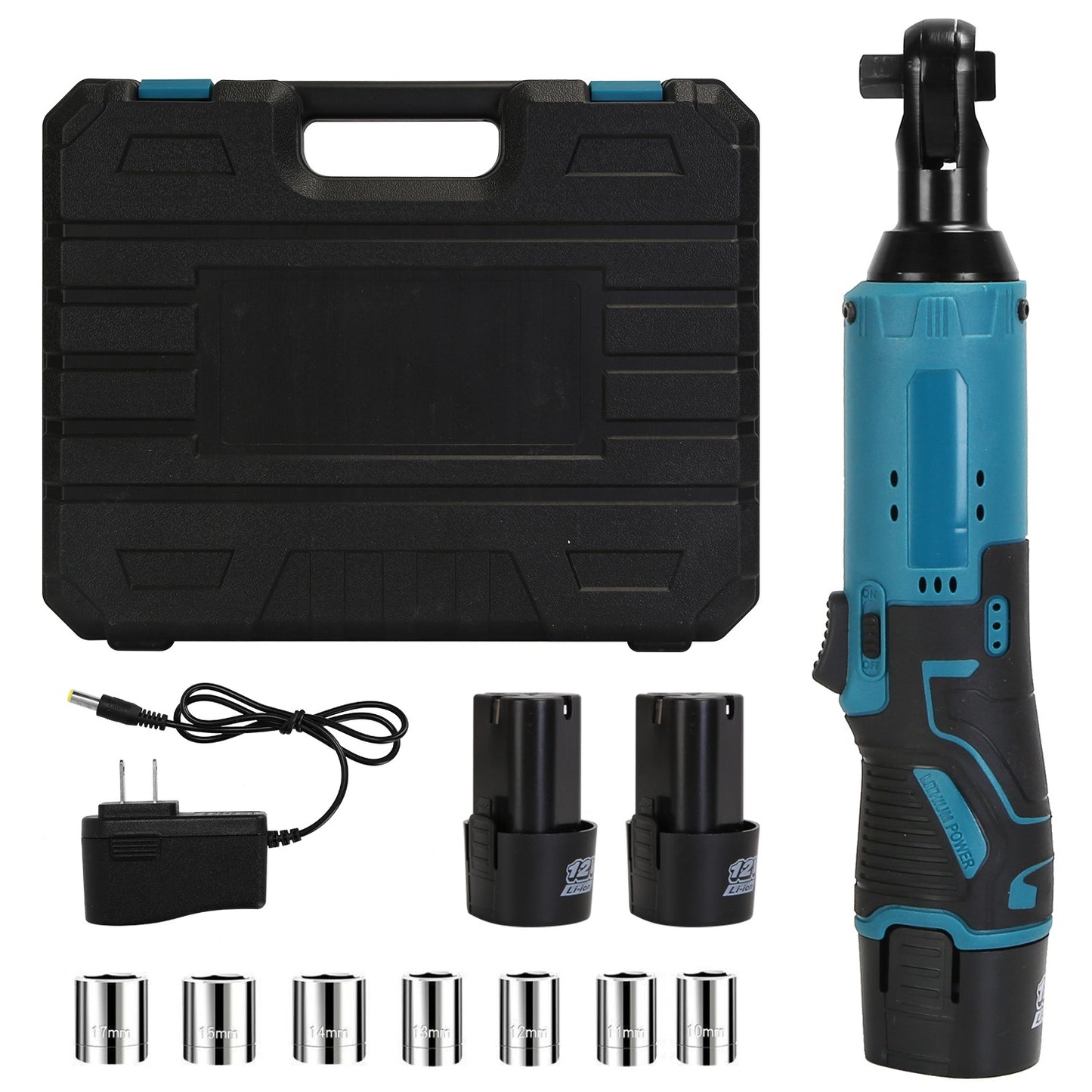 3/8' Cordless Electric Ratchet Wrench Set Right Angle Wrench with 2Pcs 1200mAh Batteries and Charger 7 Sockets 400RPM