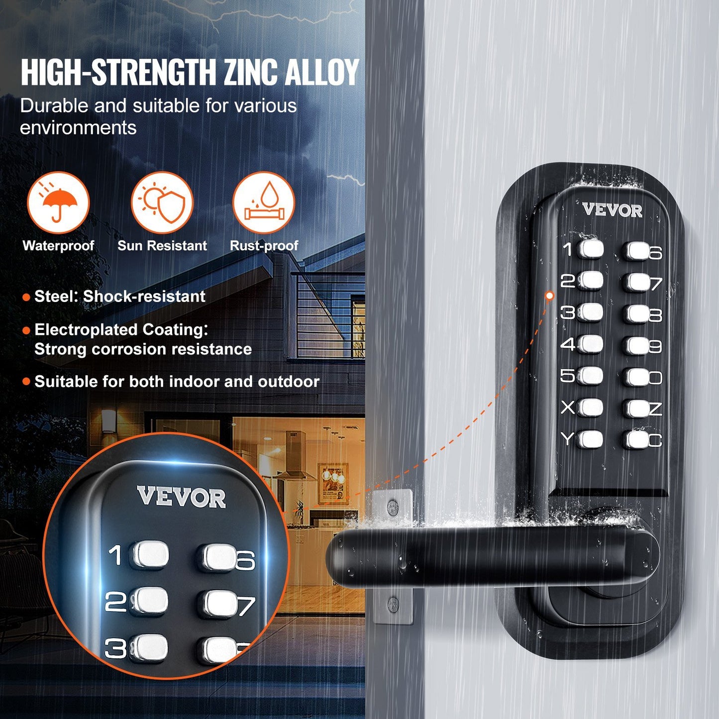 VEVOR Mechanical Keyless Entry Door Lock, 14 Digit Keypad, Embedded Outdoor Gate Door Locks Set with Keypad and Handle, Water-proof Zinc Alloy, Easy to Install, for Garden, Garage, Yard, Storage Shed