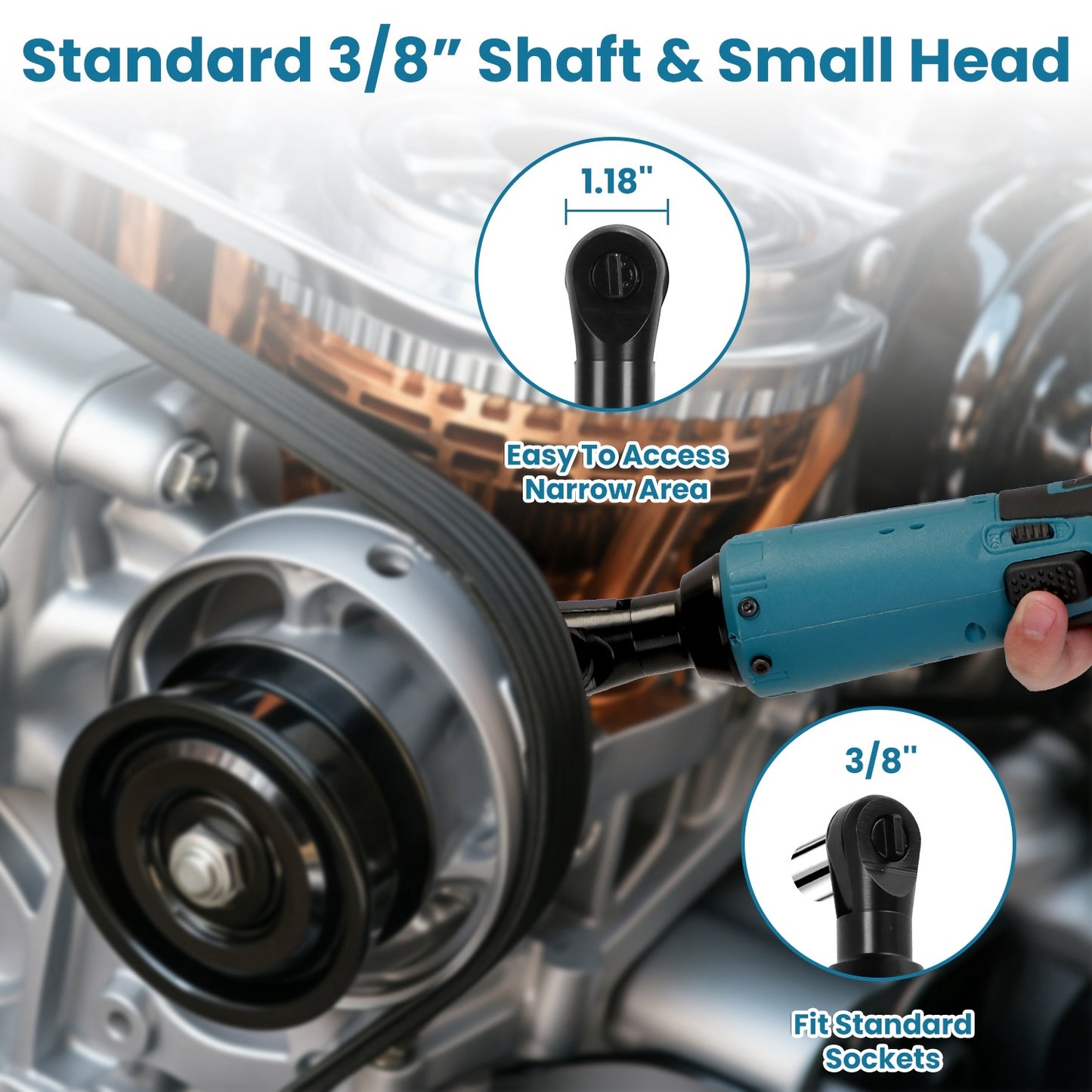 3/8' Cordless Electric Ratchet Wrench Set Right Angle Wrench with 2Pcs 1200mAh Batteries and Charger 7 Sockets 400RPM