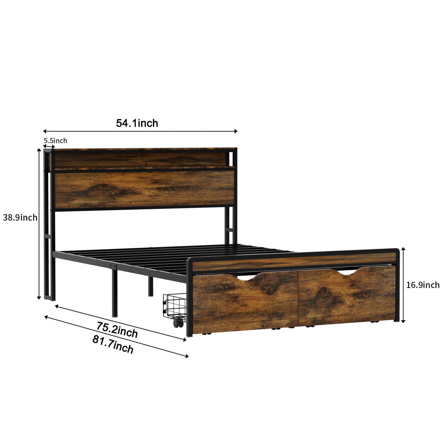 LED Light Full Size Metal Bed Frame with Drawer, Black Heavy Duty Mattress Foundation with Steel Slat Support, Noise Free,81.73"L x 54.13"W x 38.96"H