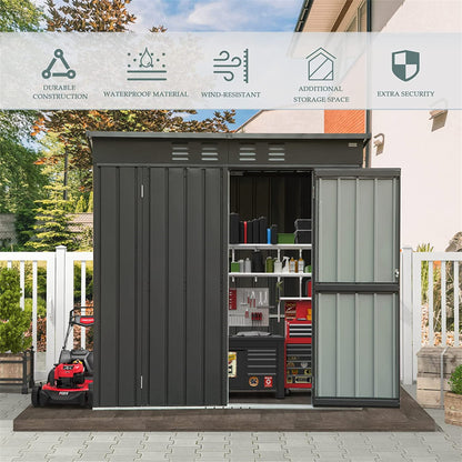 Backyard Storage Shed with Sloping Roof Galvanized Steel Frame Outdoor Garden Shed Metal Utility Tool Storage Room with Latches and Lockable Door (6x4ft, Black)