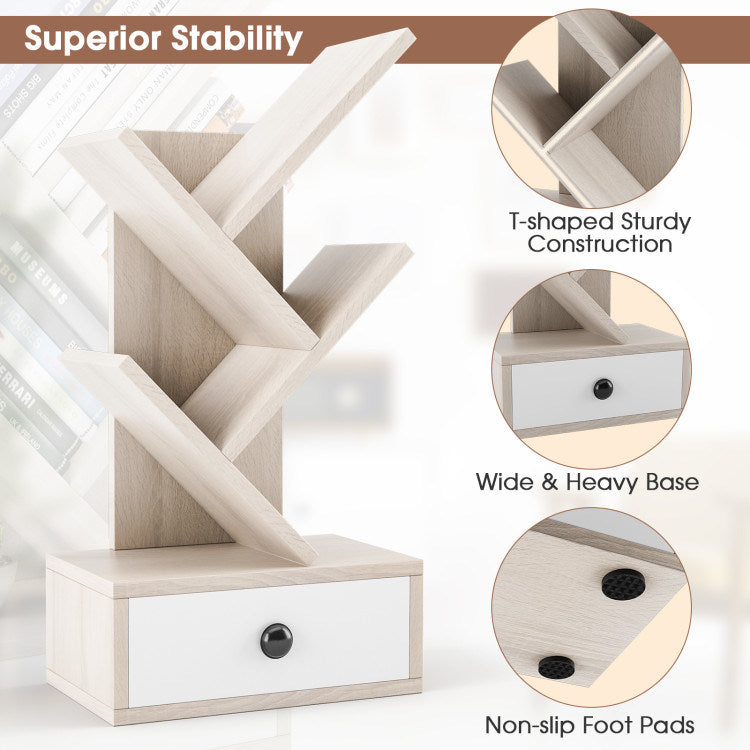 5-Tier Floor Standing Tree Bookcase with Drawer