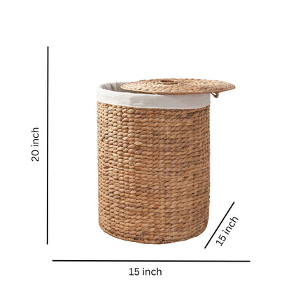 Ludmilla Round Tall Water Hyacinth Woven Wicker Laundry Hamper with Lid - For Clothes, Canvas, Toys and Book Storage with Removable Liner - 15" x 15" x 20" - Natural Brown