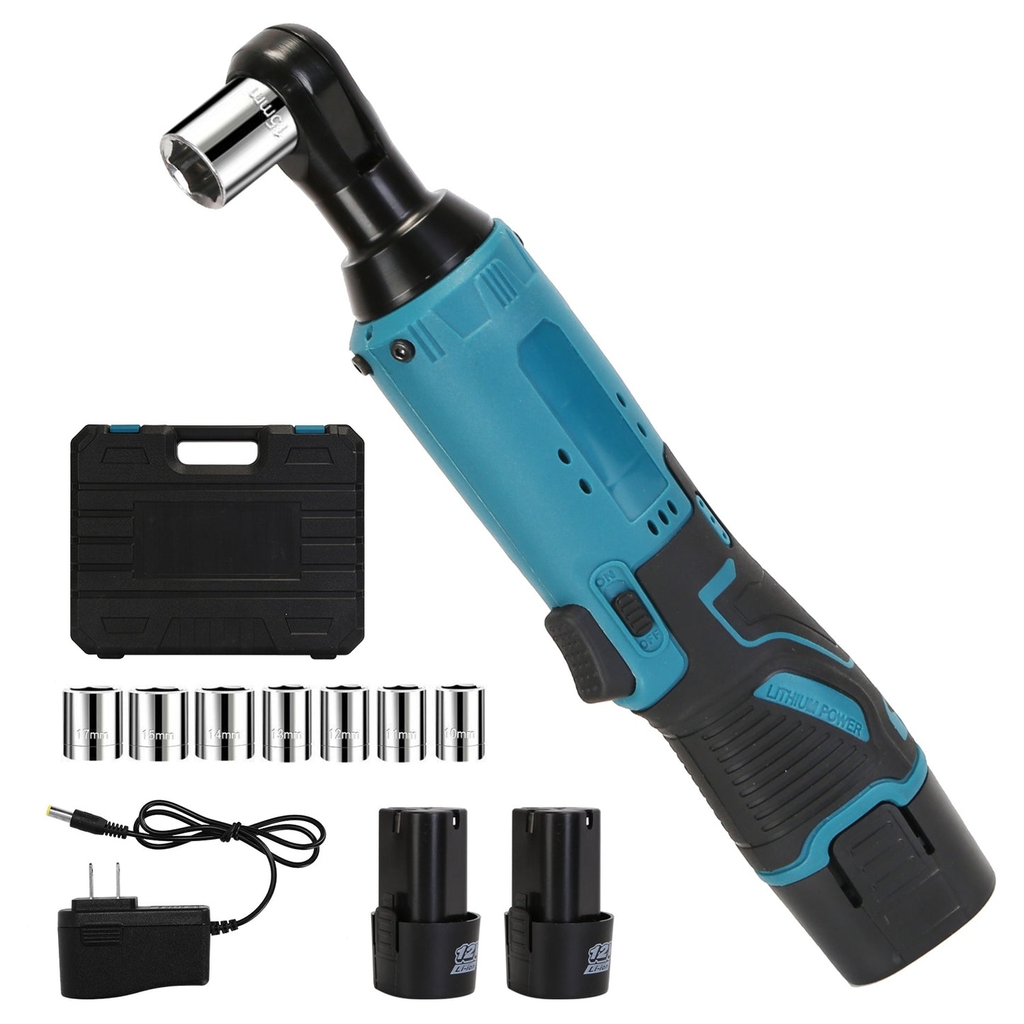 3/8' Cordless Electric Ratchet Wrench Set Right Angle Wrench with 2Pcs 1200mAh Batteries and Charger 7 Sockets 400RPM