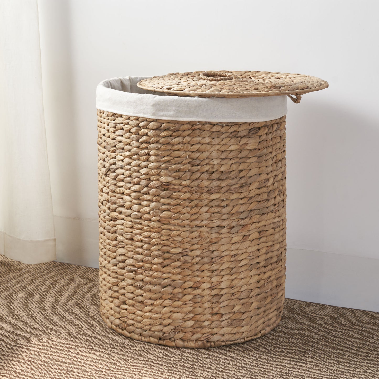 Ludmilla Round Tall Water Hyacinth Woven Wicker Laundry Hamper with Lid - For Clothes, Canvas, Toys and Book Storage with Removable Liner - 15" x 15" x 20" - Natural Brown